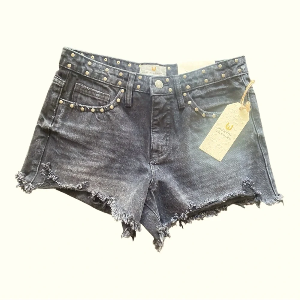 Studded Distressed Black Denim Jean Shorts